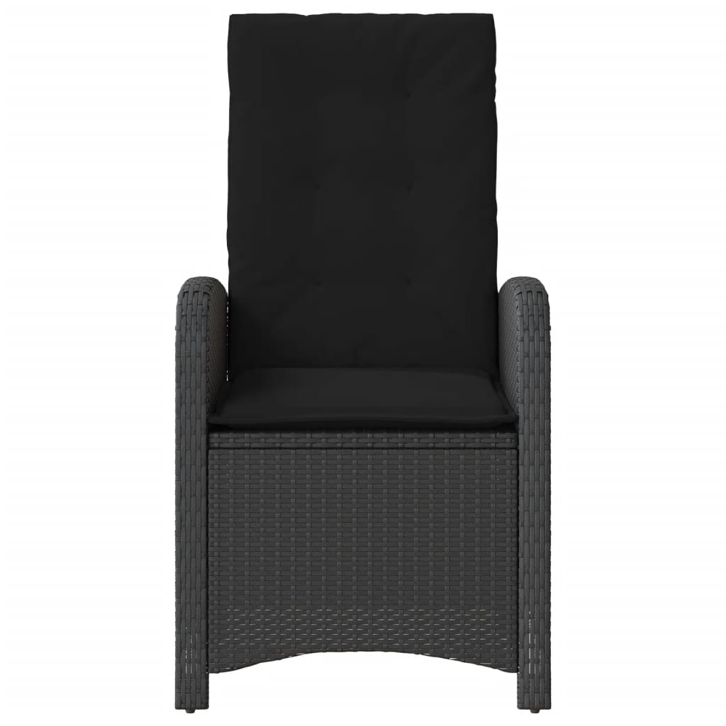 vidaXL Накланящ се градински стол с възглавници, черен, полиратан