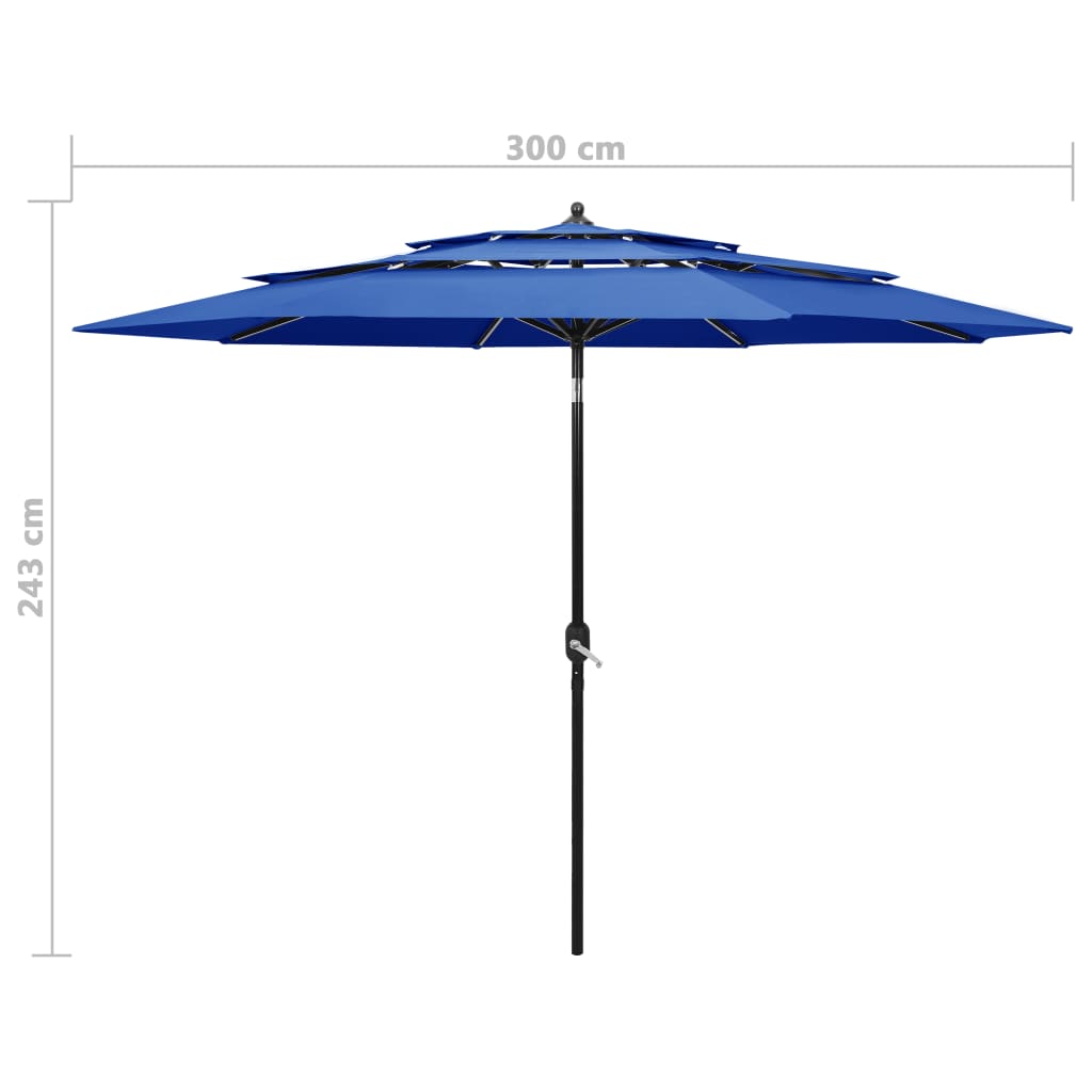 vidaXL Градински чадър на 3 нива с алуминиев прът, лазурносин, 3 м
