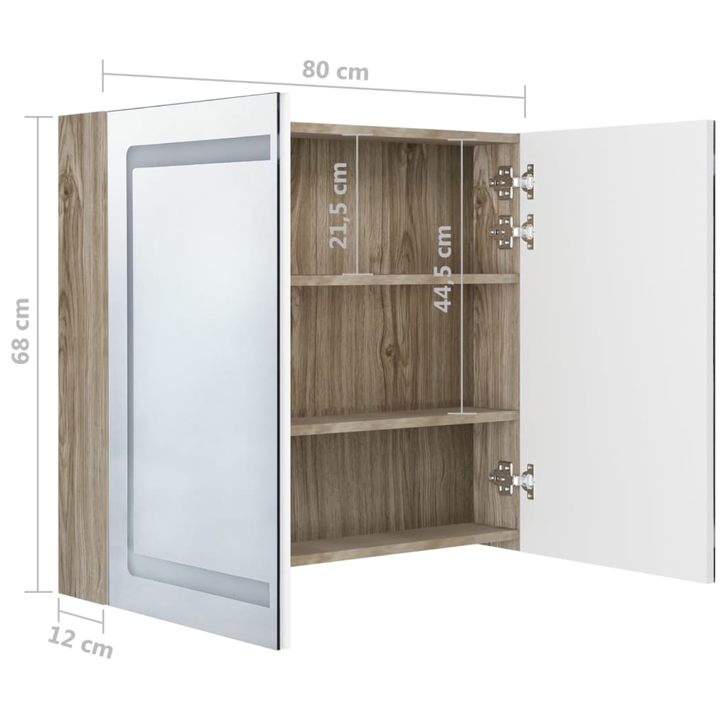 vidaXL LED шкаф с огледало за баня, бяло и дъб, 80x12x68 см