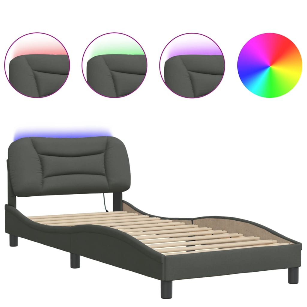 vidaXL Рамка за легло с LED осветление, тъмносива, 80x200 см, плат