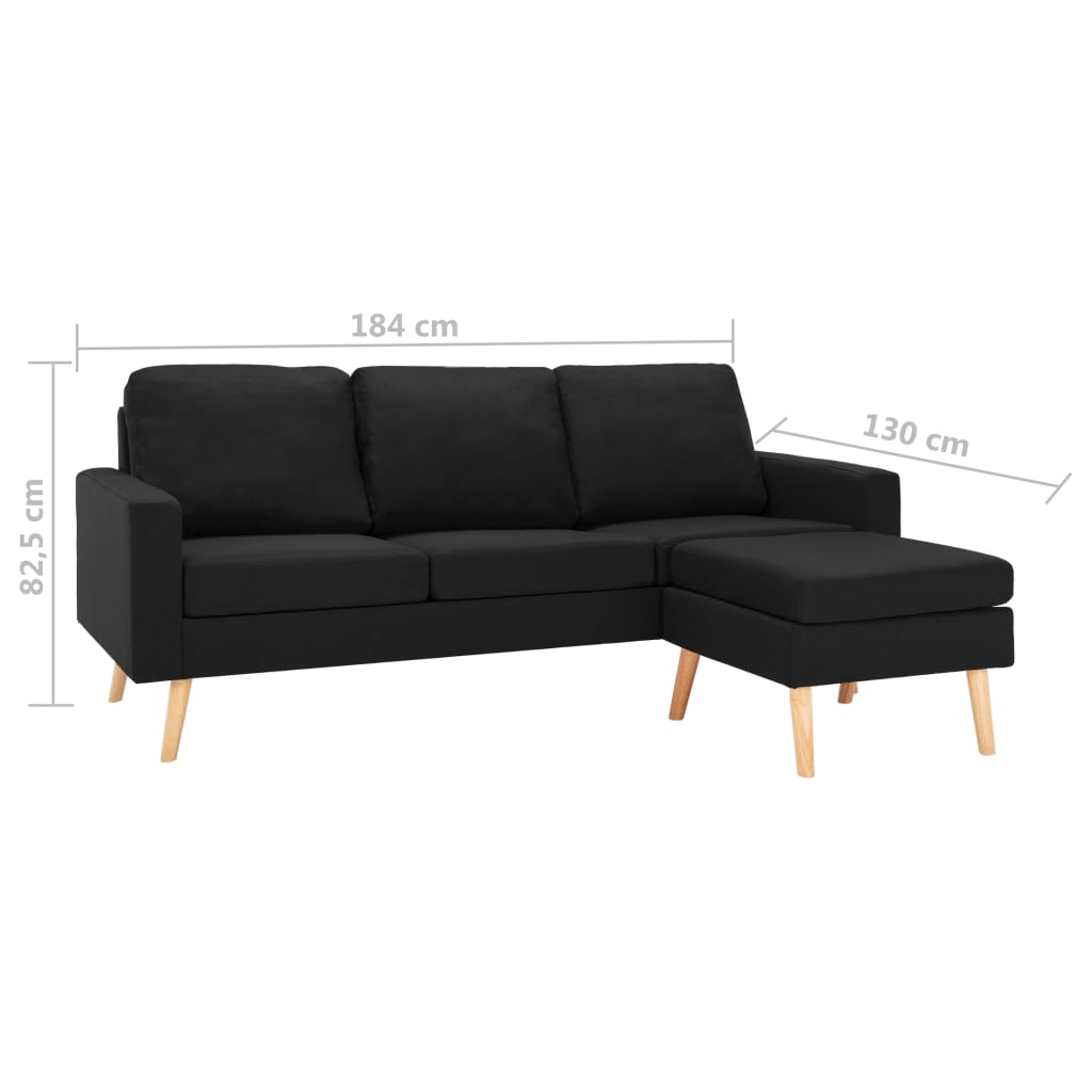 vidaXL 3-местен диван с поставка за крака, черен, текстил