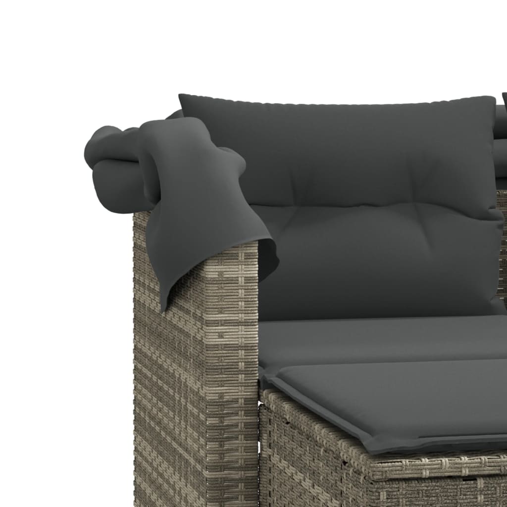 vidaXL 2-местен външен диван с навес и табуретки светлосив полиратан