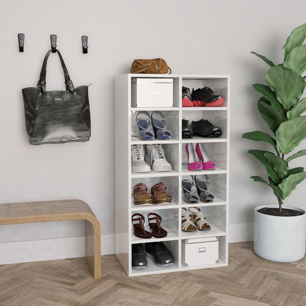 vidaXL Етажерка за обувки, бял гланц, 54x34x100,5 см, инженерно дърво