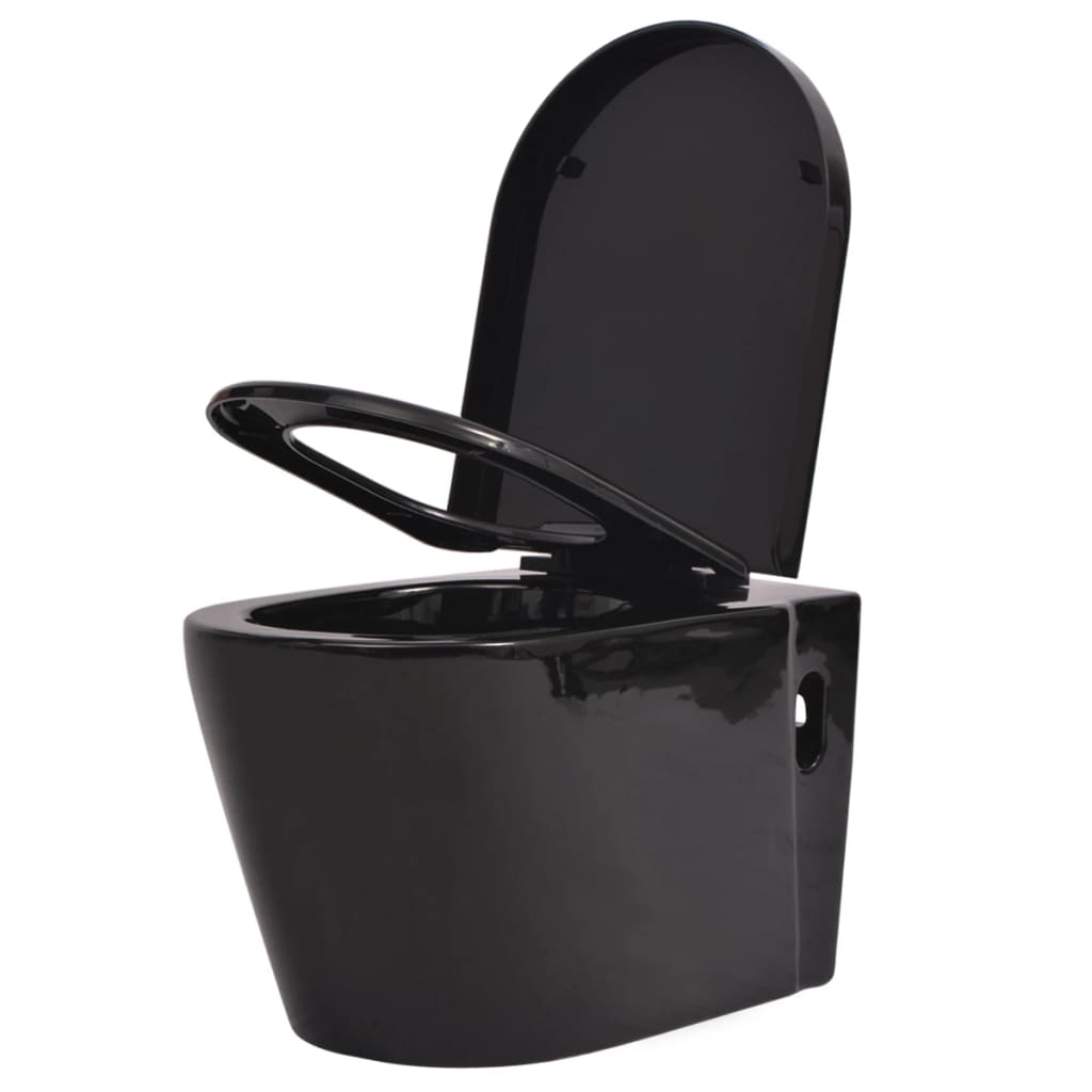 vidaXL Окачена тоалетна чиния, със скрито казанче, керамична, черна