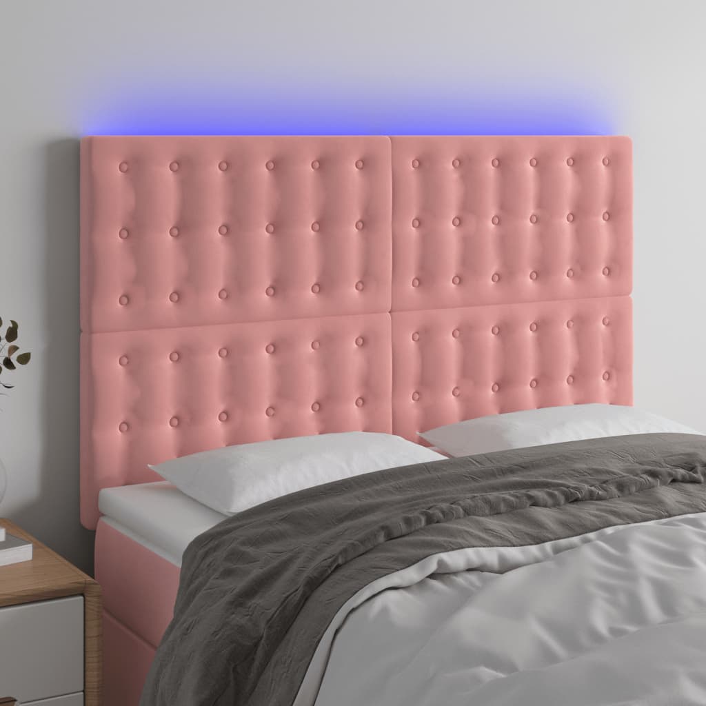 vidaXL LED горна табла за легло, розова, 144x5x118/128 см, кадифе