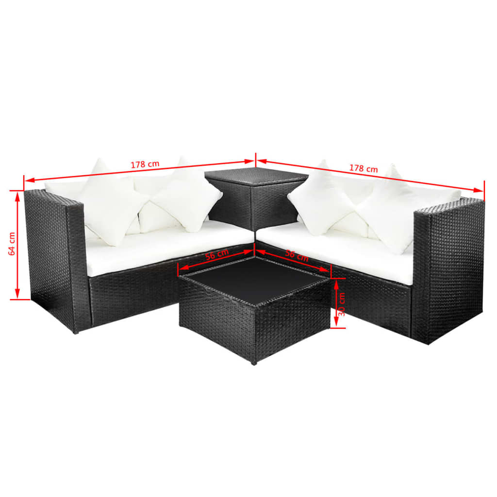vidaXL Градински комплект с възглавници, 4 части, черен полиратан