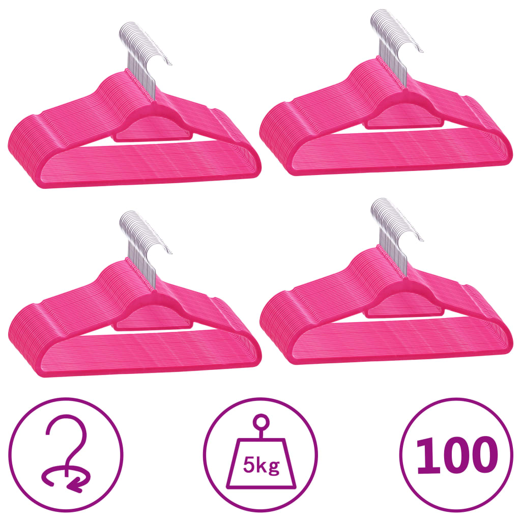 vidaXL 100 бр Комплект закачалки за дрехи антиплъзгащи розово кадифе