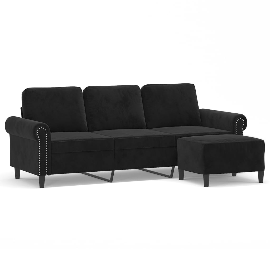 vidaXL 3-местен диван с табуретка, черно, 180 см, кадифе