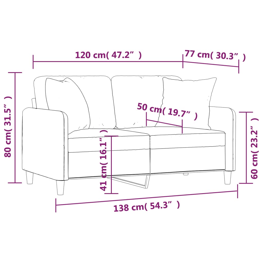 vidaXL 2-местен диван с възглавници, светлосив, 120 см, текстил