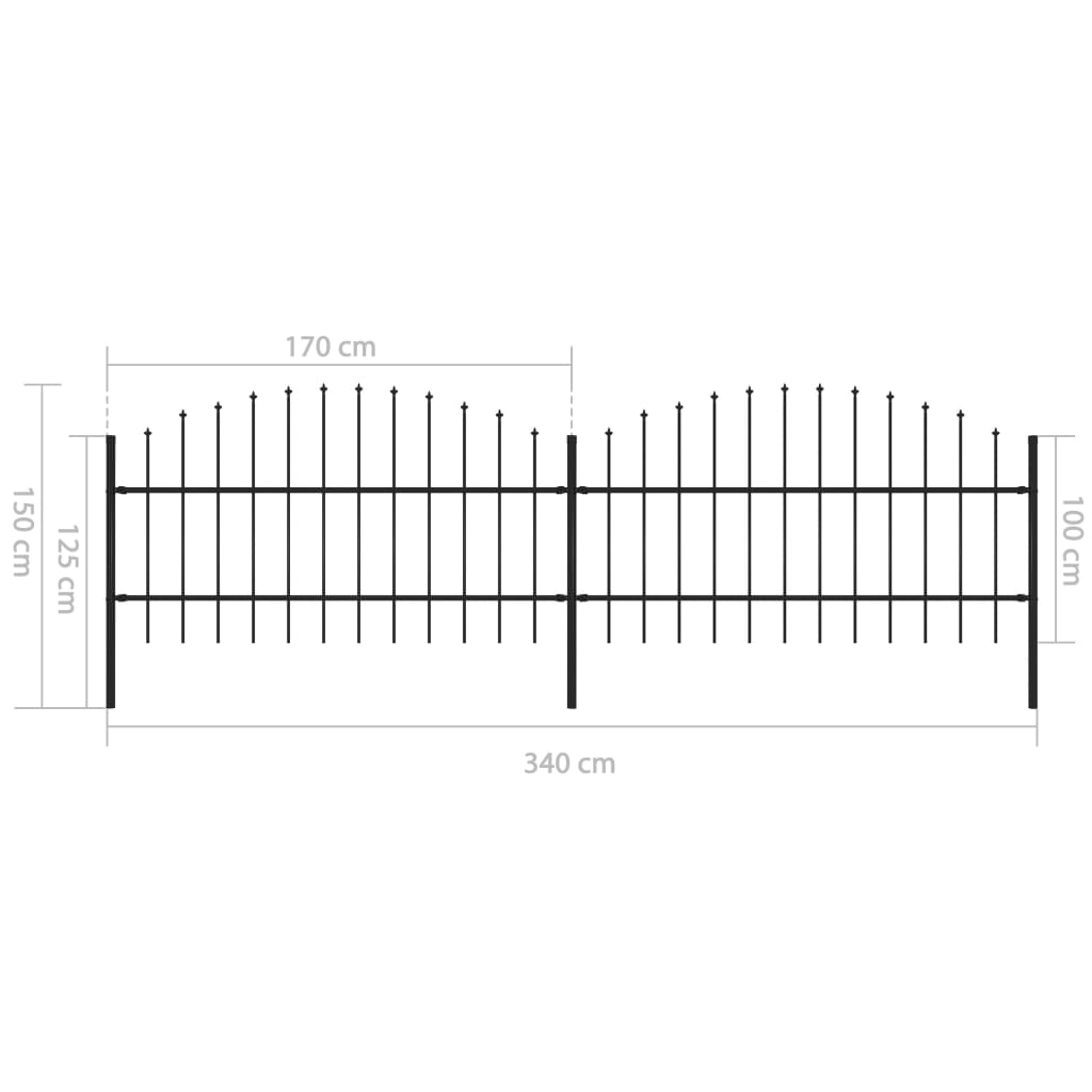 vidaXL Градинска ограда с пики, стомана, (0,75-1)x3,4 м, черна