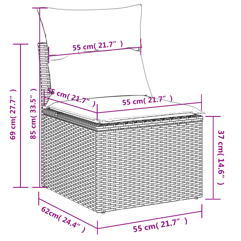 vidaXL Градински комплект с възглавници, 3 части, сив, полиратан