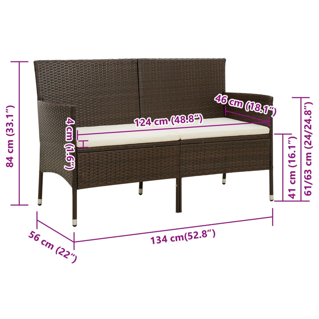 vidaXL 3-местен градински диван с възглавници, кафяв, полиратан