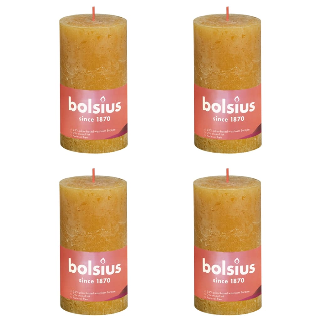 Bolsius Рустик колонни свещи Shine, 4 бр, 130x68 мм, жълта пчелна пита