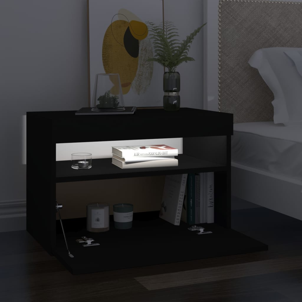 vidaXL Нощно шкафче с LED осветление черно 60x35x40 см инженерно дърво