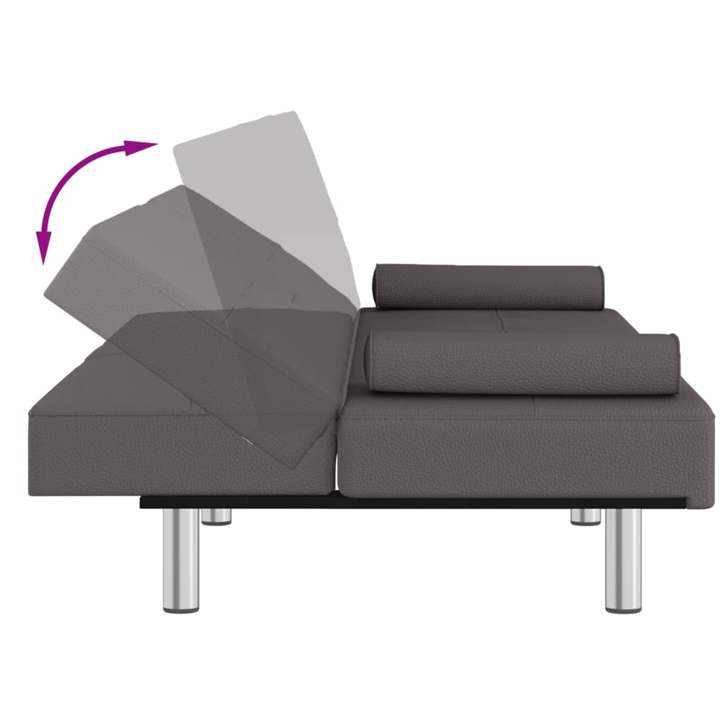 vidaXL Разтегателен диван с поставки за чаши, сив, изкуствена кожа