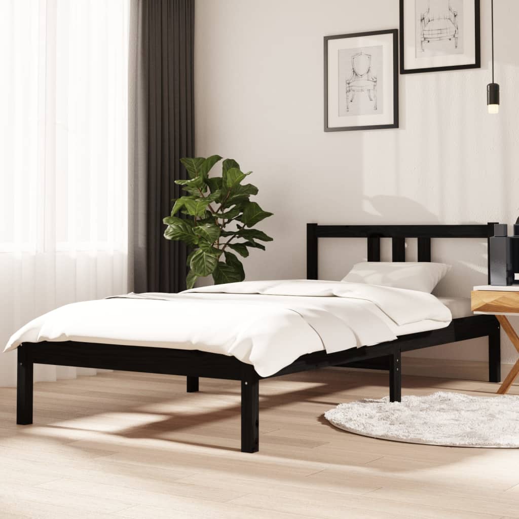 vidaXL Рамка за легло, черна, дърво масив, 90x190 см, Single