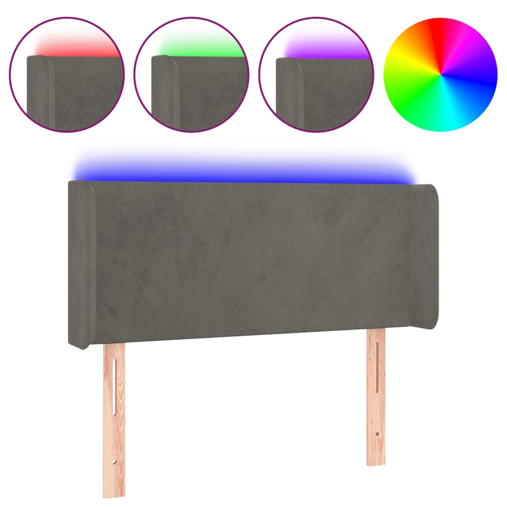 vidaXL LED горна табла за легло, тъмносива, 93x16x78/88 см, кадифе