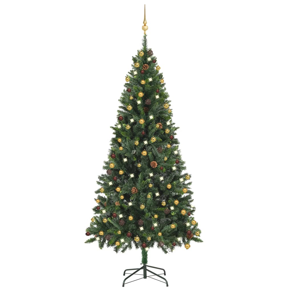 vidaXL Изкуствена осветена коледна елха с топки, зелена, 210 см