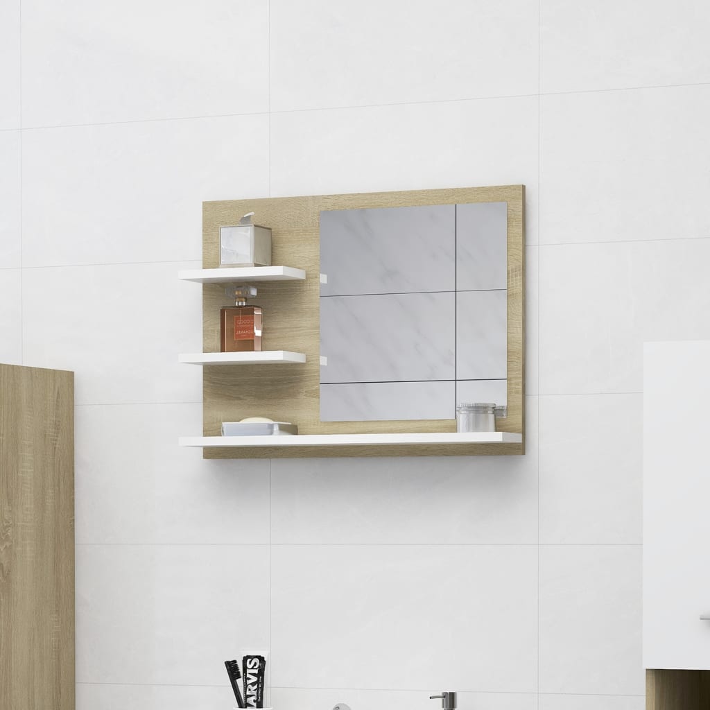 vidaXL Огледало за баня, бяло и дъб сонома, 60x10,5x45 см, ПДЧ
