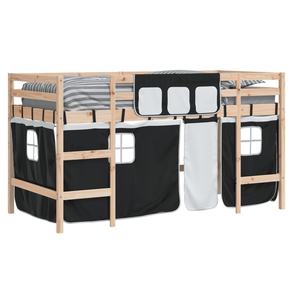vidaXL Детско високо легло със завеси бяло и черно 80x200 см бор масив