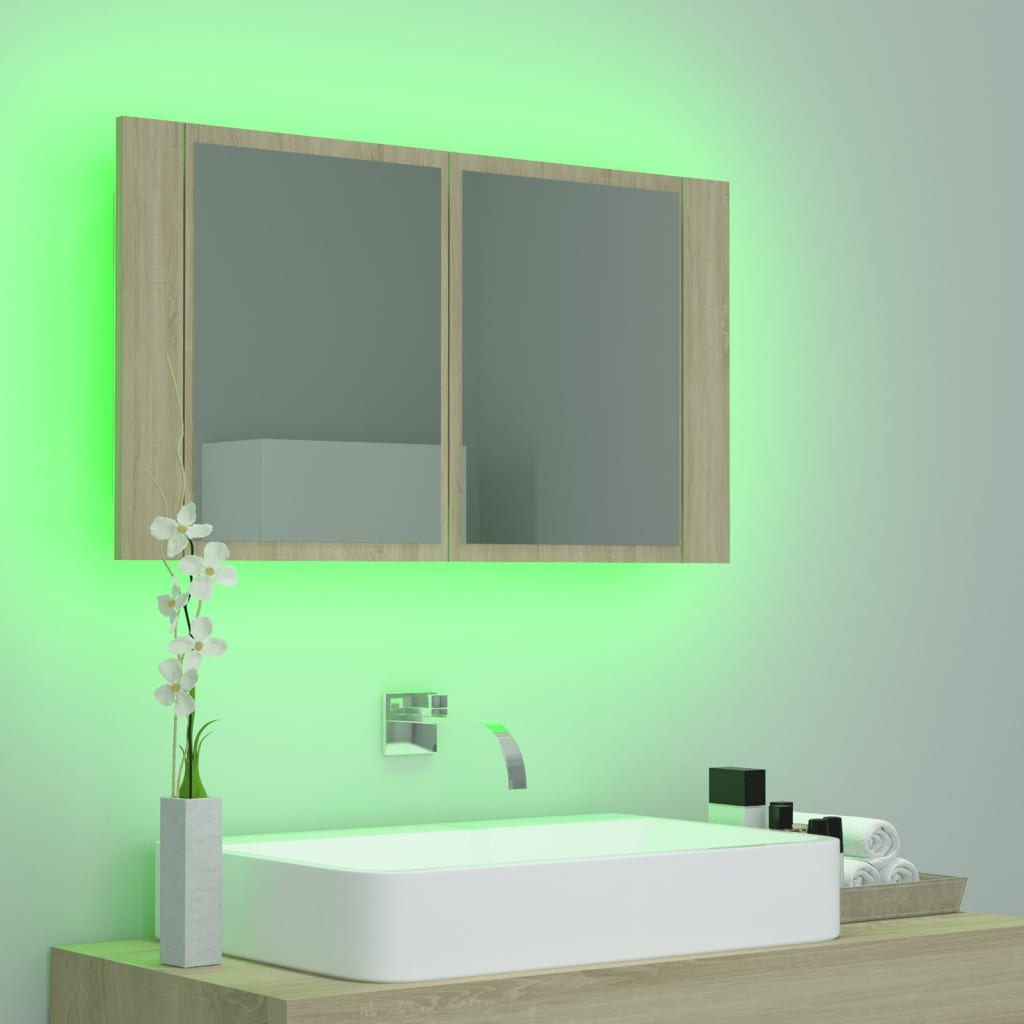 vidaXL Шкаф с LED огледало за баня, дъб сонома, 80x12x45 см, акрил