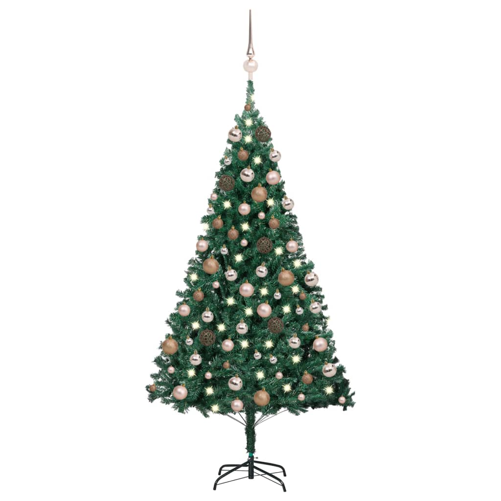 vidaXL Изкуствена осветена коледна елха с топки зелена 180 см PVC