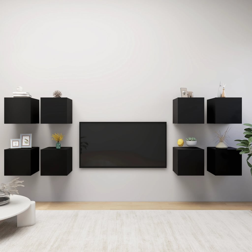 vidaXL ТВ шкафове за стенен монтаж, 8 бр, черни, 30,5x30x30 см