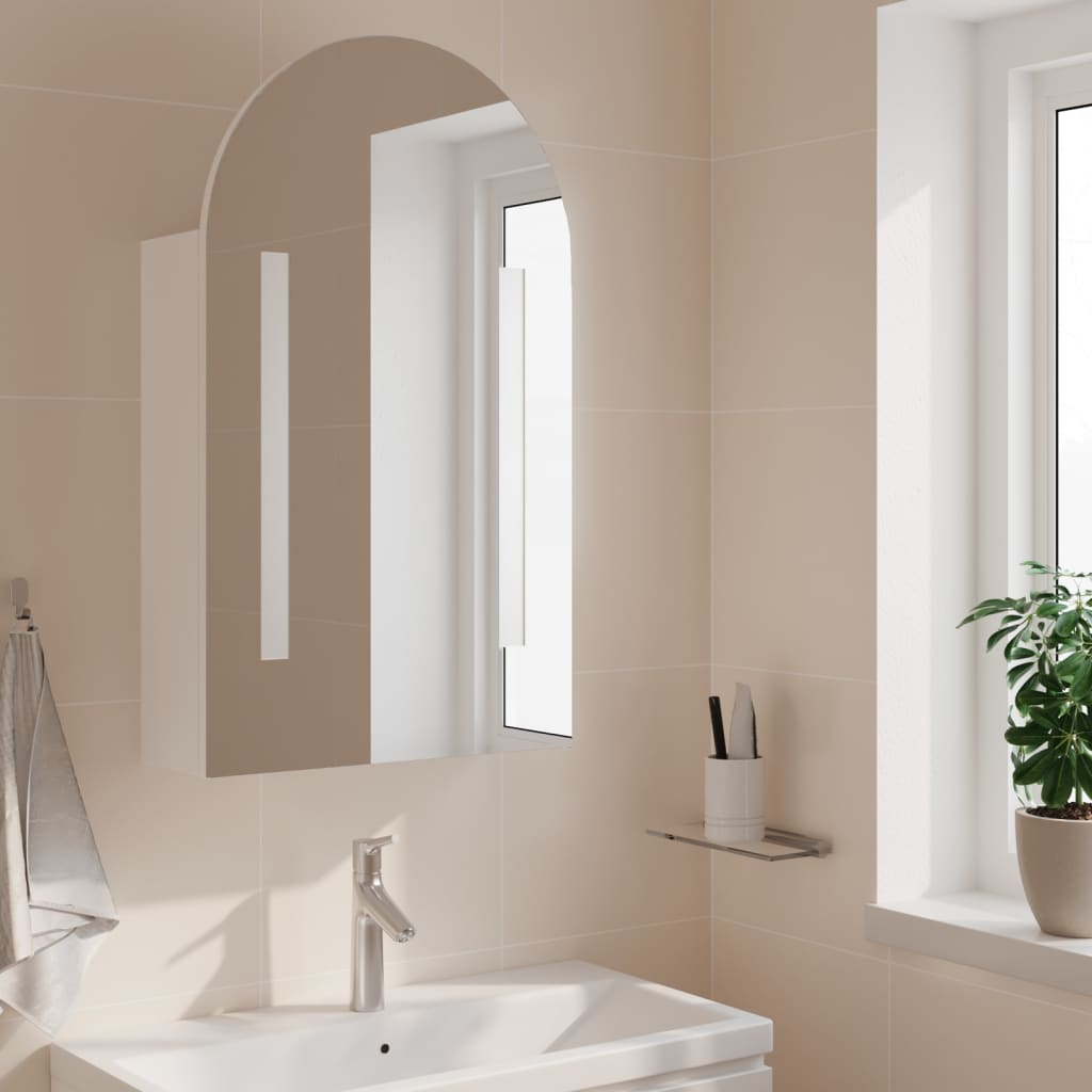 vidaXL Огледален шкаф за баня с LED светлина дъговиден бял 42x13x70 см