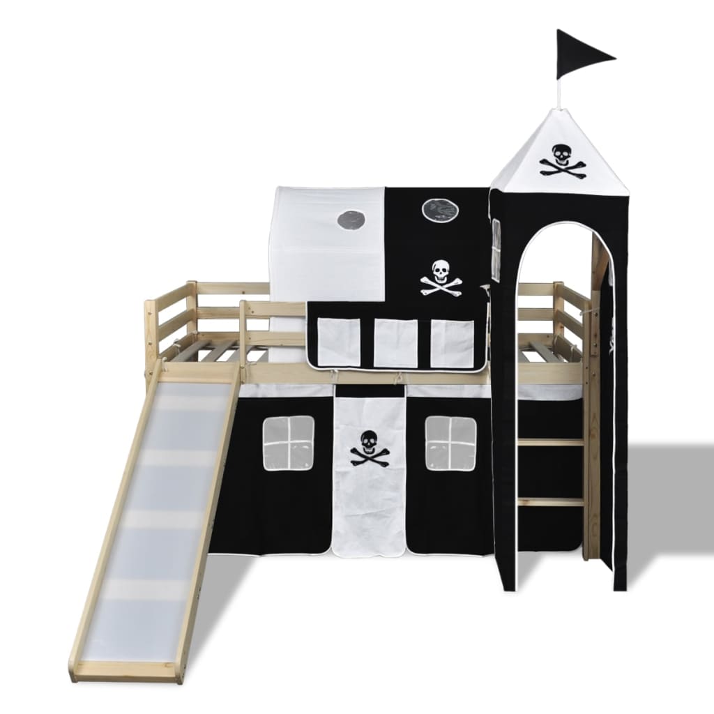 Високо детско легло „Пирати“ със стълба и пързалка, натурално дърво