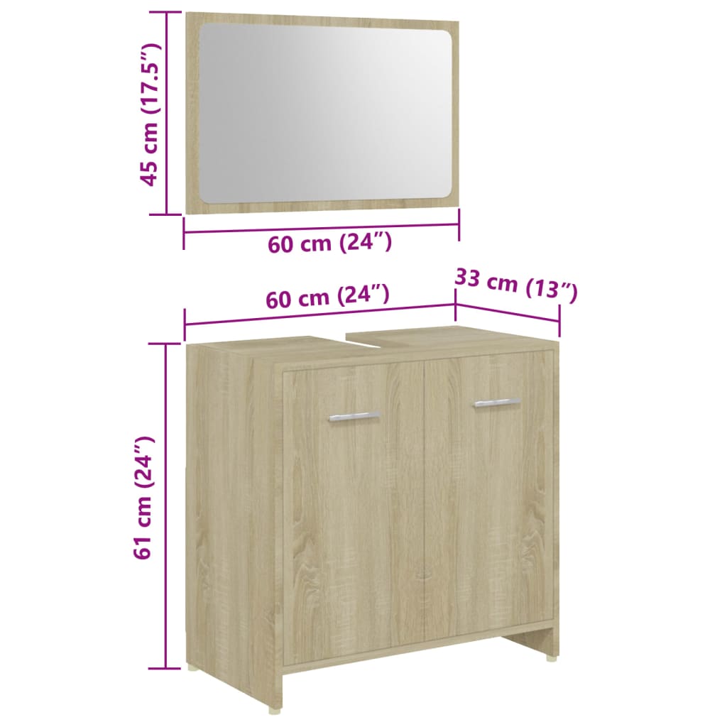 vidaXL Комплект мебели за баня от 3 части, дъб сонома, ПДЧ