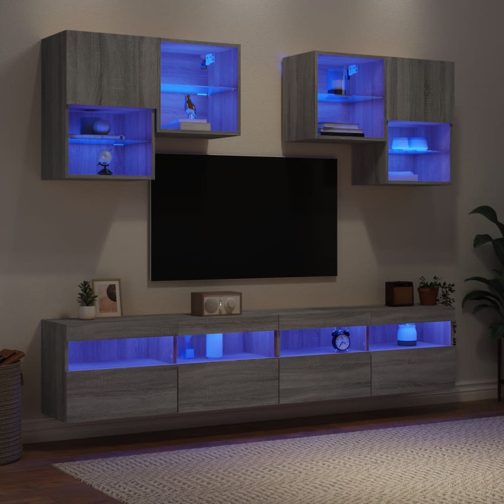 vidaXL Комплект ТВ стенни шкафове, 6 части, с LED светлини, сив сонома