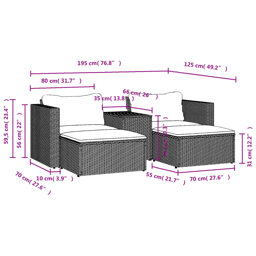 vidaXL Градински диван с възглавници, 5 части, сив полиратан акация
