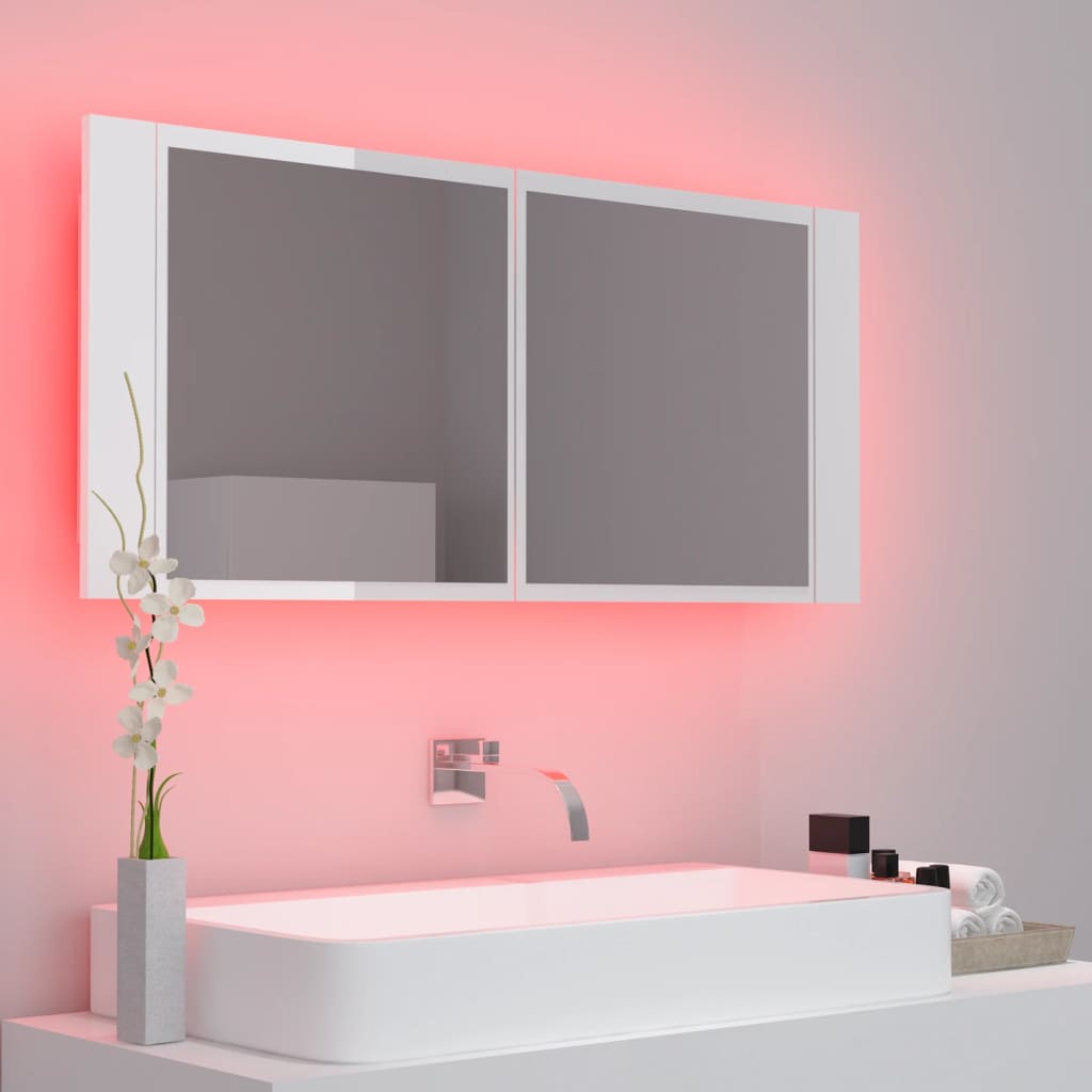 vidaXL Шкаф с LED огледало за баня, бял гланц, 100x12x45 см, акрил