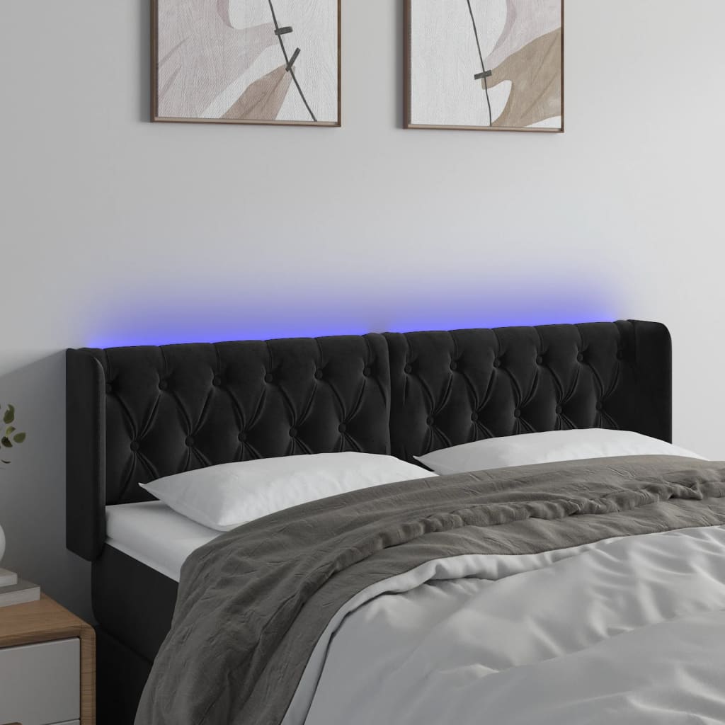 vidaXL LED горна табла за легло, черна, 163x16x78/88 см, кадифе