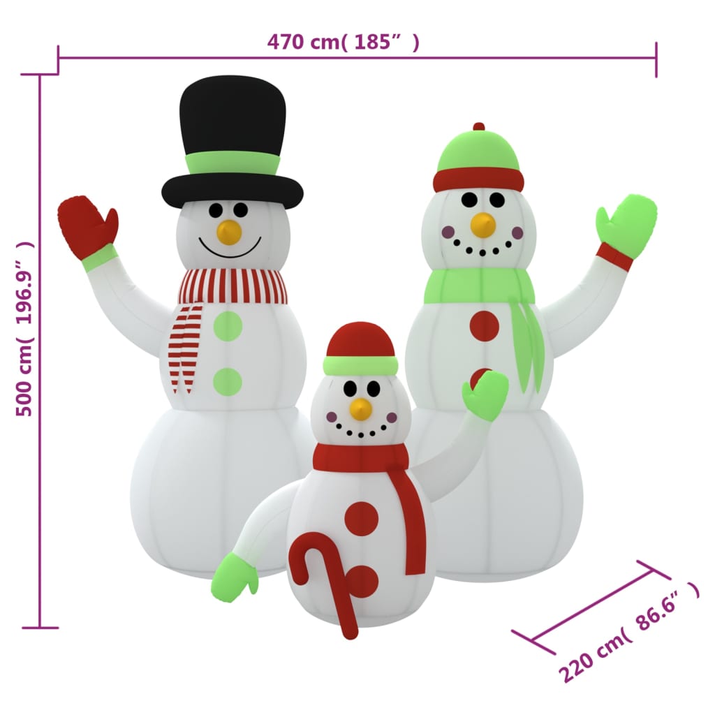 vidaXL Семейство надуваеми снежни човеци с LED, 500 см