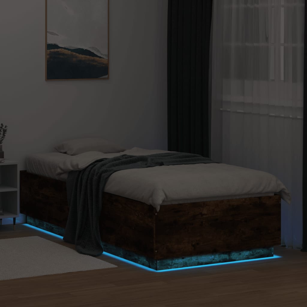 vidaXL Рамка за легло с LED осветление, опушен дъб, 90x200 см