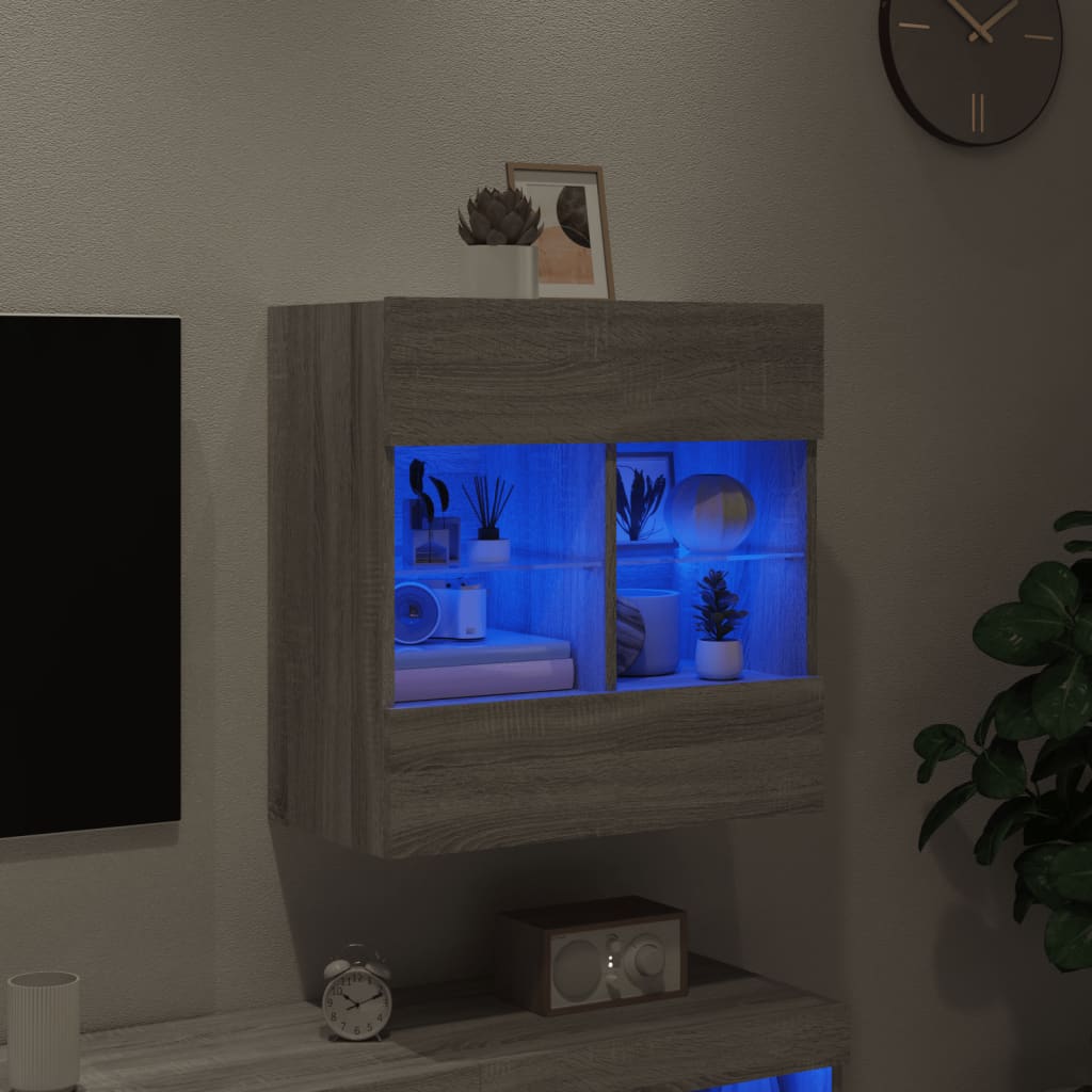 vidaXL Стенен ТВ шкаф с LED осветление, сив сонома, 58,5x30x60,5 см