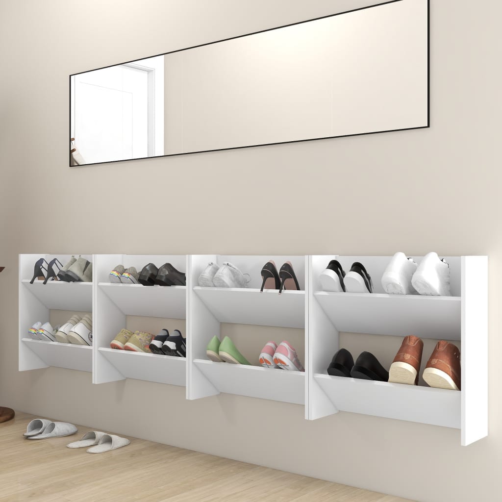 vidaXL Стенни шкафове за обувки, 4 бр, бели, 60x18x60 см, ПДЧ