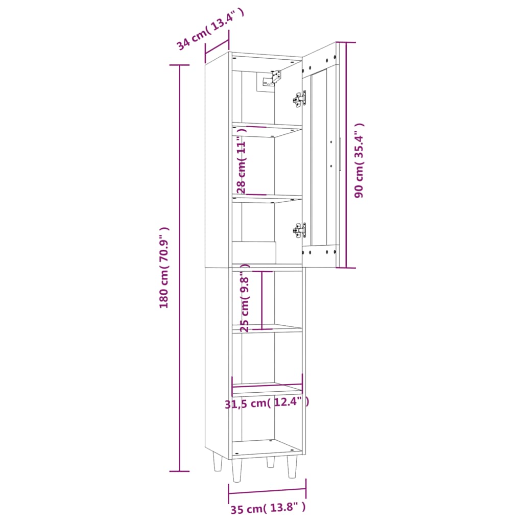 vidaXL Висок шкаф, опушен дъб, 35x34x180 см, инженерно дърво