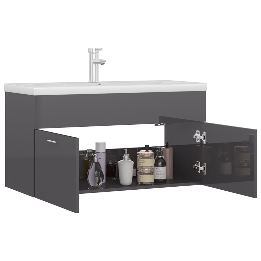 vidaXL Шкаф за баня с вградена мивка, сив гланц, ПДЧ