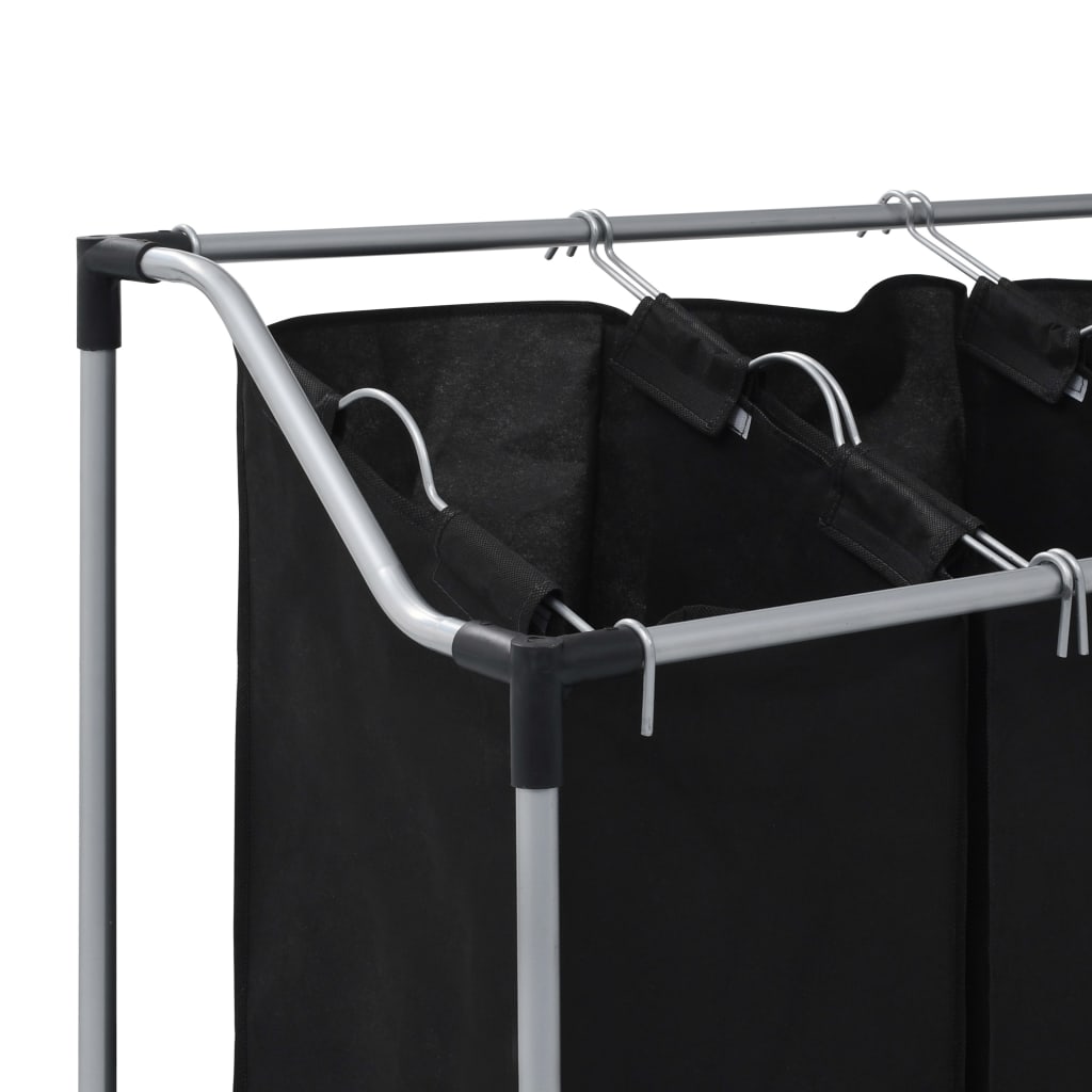vidaXL Кош за сортиране на пране с 3 торби, черен, стомана