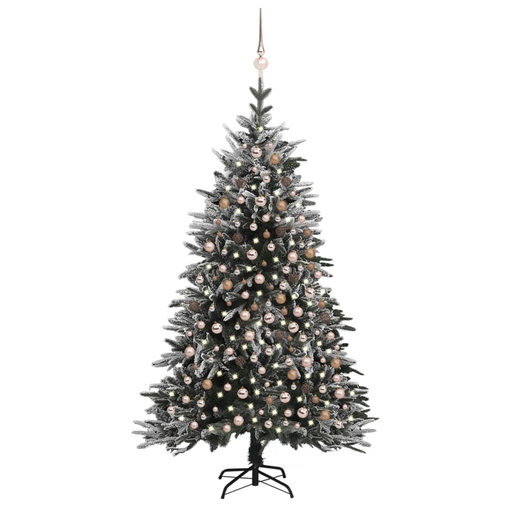 vidaXL Изкуствена елха с LED, топки и флокиран сняг, 210 см, PVC и PE