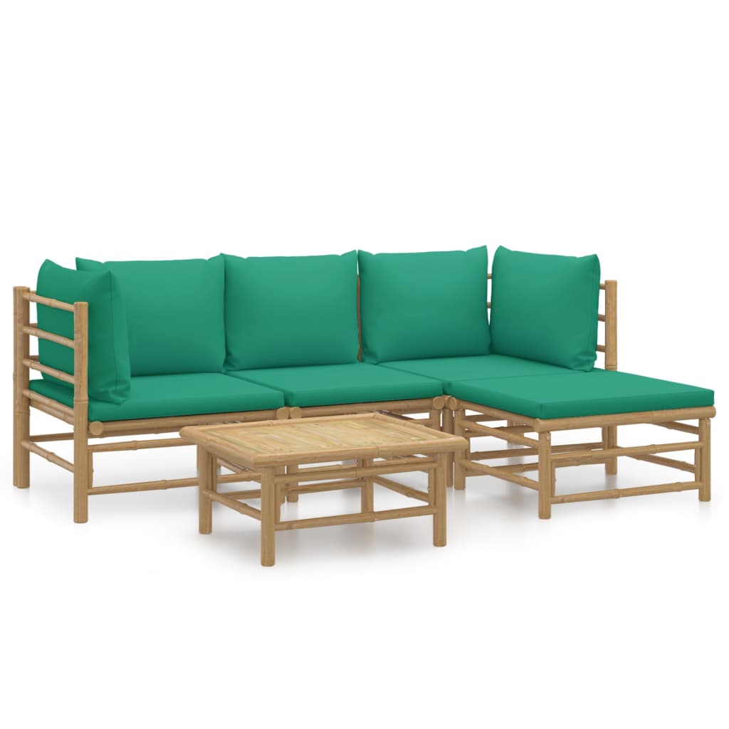 vidaXL Градински лаундж комплект, 5 части, зелени възглавници, бамбук