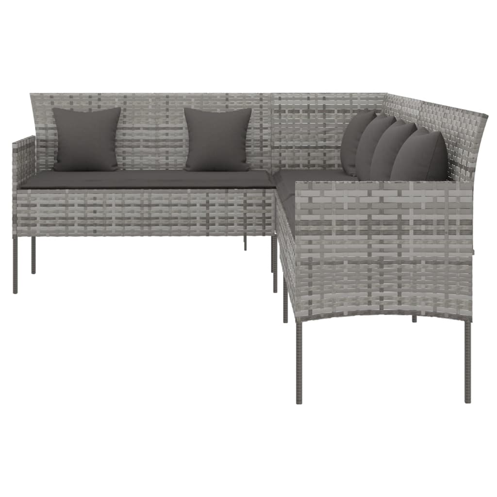 vidaXL Г-образен градински диван с възглавници, сив полиратан