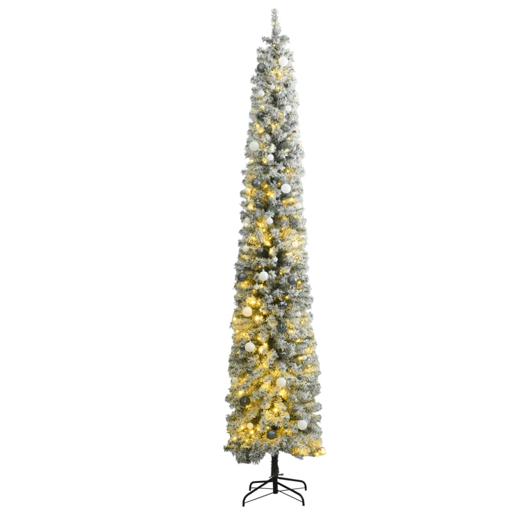 vidaXL Тънка коледна елха с 300 LED, топки и флокиран сняг, 270 см