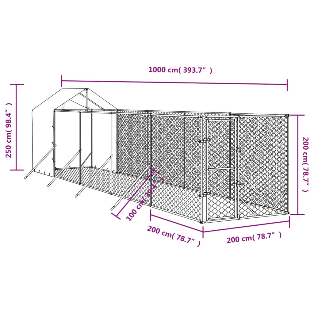 vidaXL Външна клетка за куче с покрив сребриста 2x10x2,5 м стомана