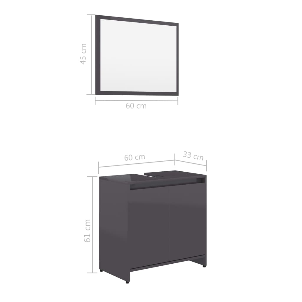 vidaXL Комплект мебели за баня от 3 части, сив гланц, ПДЧ