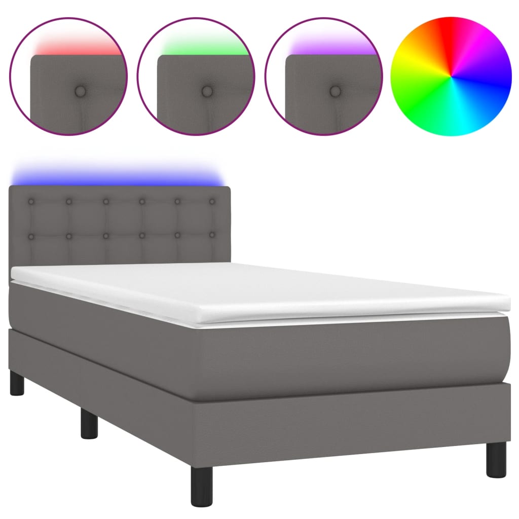 vidaXL Боксспринг легло с матрак и LED сиво 80x200 см изкуствена кожа