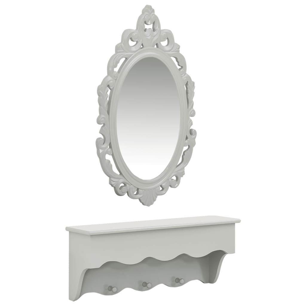 vidaXL Комплект стенен рафт за ключове/бижута с огледало и куки сив