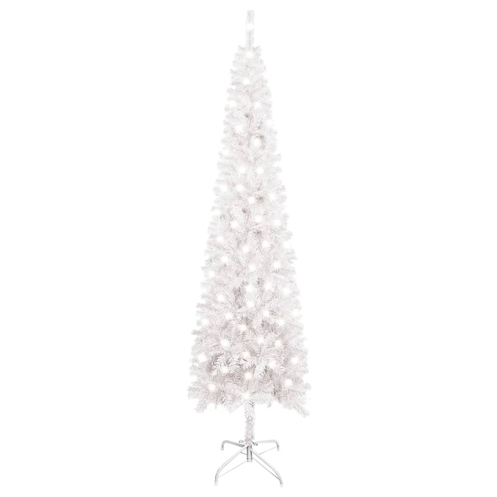 vidaXL Тънка осветена коледна елха, бяла, 210 см